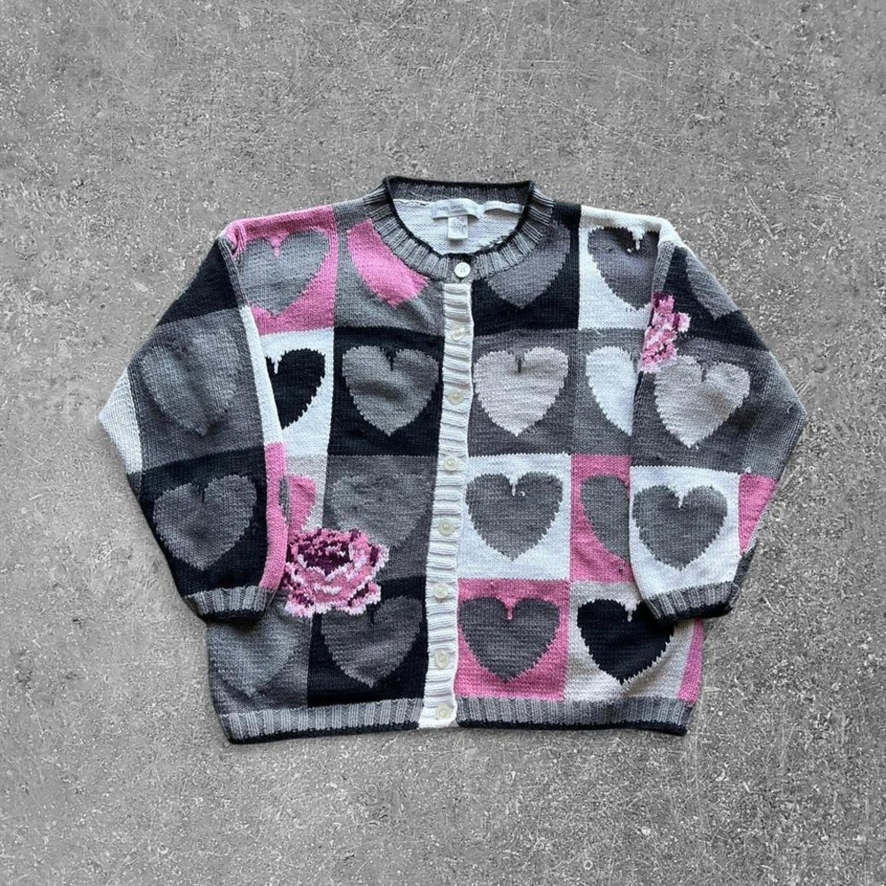 Paris Sport Club Vintage Hand Knitted Heart Rose Cardigan Sweater Pink Grey M